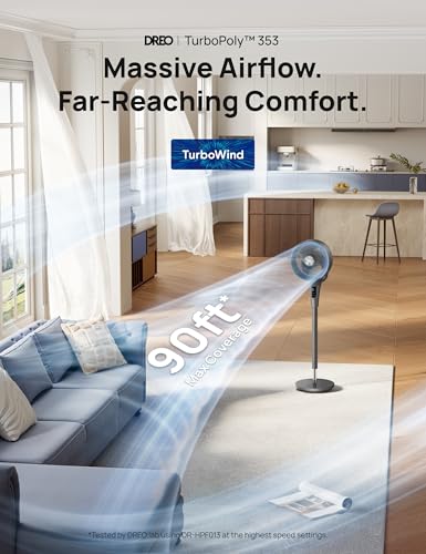 Image of DREO Fan for Bedroom, 2026 Upgraded, 90ft Airflow, 20dB Quiet Fan, 90 Oscillating Standing Fan for Whole Room, DC Motor, 8+H Speeds, 3 Modes, 38-42'' Adjustable Height, 8H Timer, 105 Manual Vertical