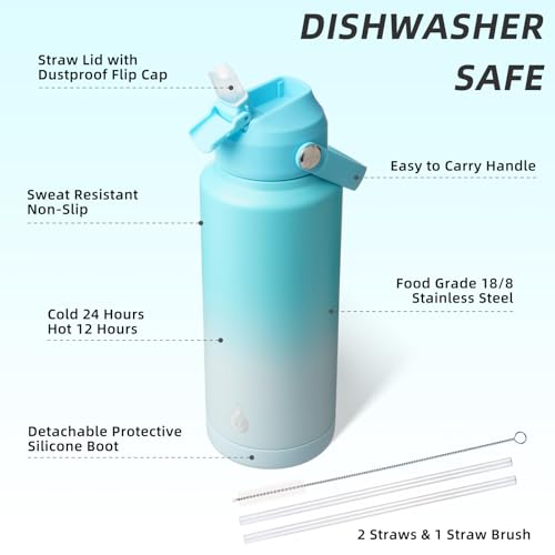 Image of BJPKPK Water Bottle with Straw Lid, 32oz Vacuum Insulated Water Bottles, Metal Stainless Steel Thermo for Sports, Travel, BPA Free Leak Proof Thermo, Cups, Flasks, Tumblers,Sea Salt