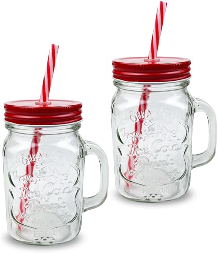 G4GADGET 2X Red Mason Jars with Handles (500ml Each) – Premium Glass Cups with Lids & Reusable Straws – Ideal for Smoothies, Juices, Iced Coffee & Cold Beverages