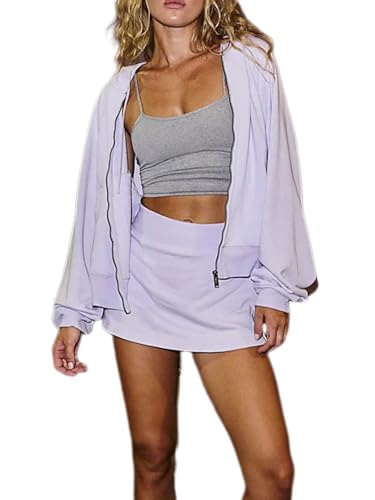 Halfword 2 Piece Skirt Sets for Women Long Sleeve Zip Up Hoodie and Skirt Lounge Matching Sets Casual Sweatsuits Gym Clothes Lavender M