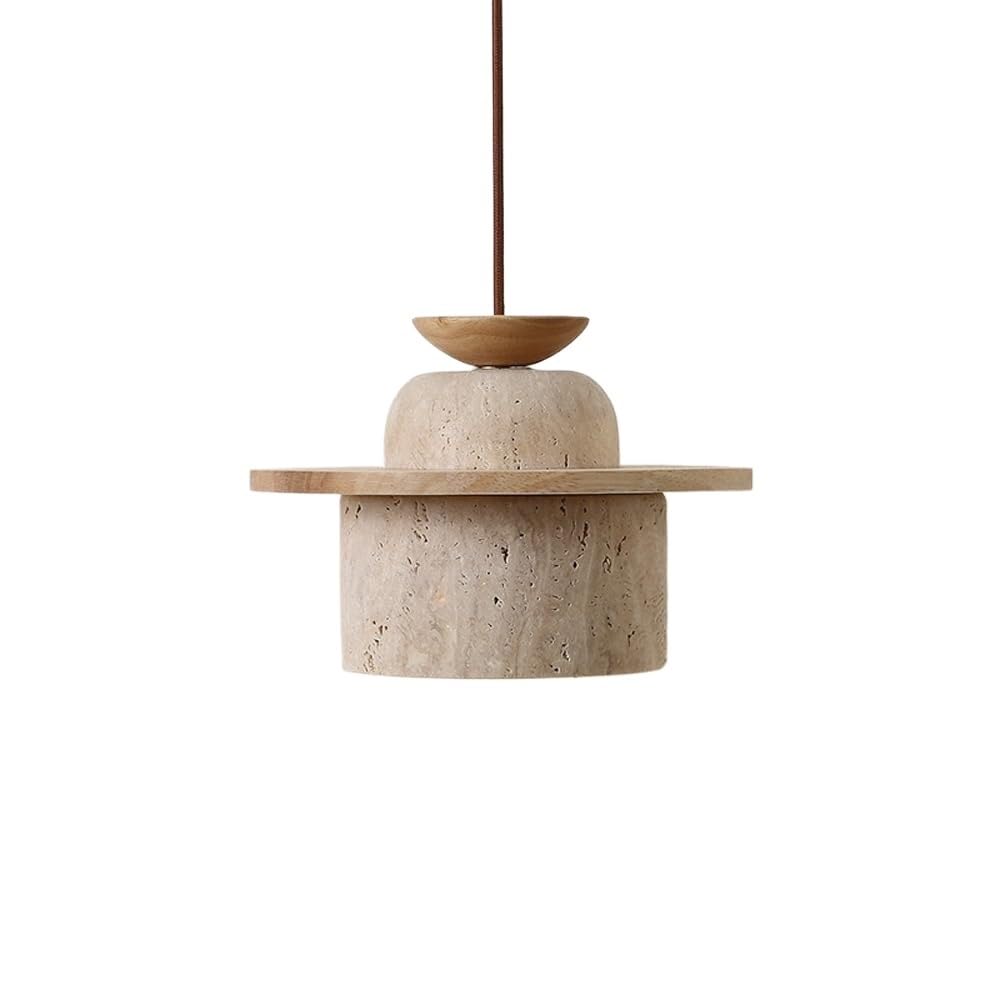 LYMSXAZOU Mid-Century Modern Adjustable Height Hanging Lamp 3000K Warm Cylindrical Yellow Travertine Body Pendant Light Fixtures Solid Wood Accent Chandelier for Living Room(Log Color)