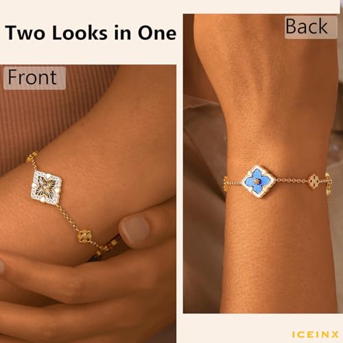 18K Gold Plated Four Leaf Clover Bracelet for Women, Reversible Lucky Charm Jewelry with Adjustable Link Chain, Double-Sided Blue Enamel Bracelet Gift for Birthday, Anniversary, Christmas4