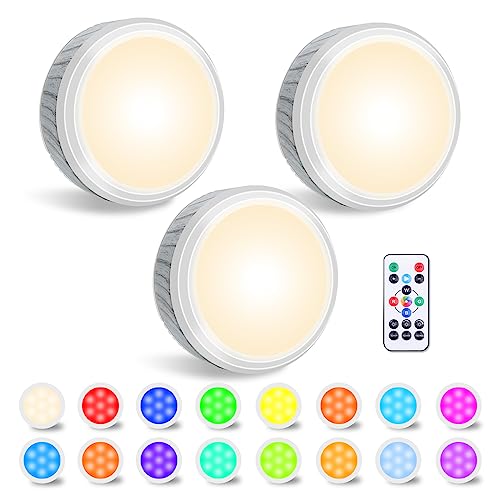 LEASTYLE Puck Lights with Remote, Battery Operated Closet Lights, 16 Colors Changeable Under Cabinet & Counter Lighting Sticks (3 Pack, 3.12