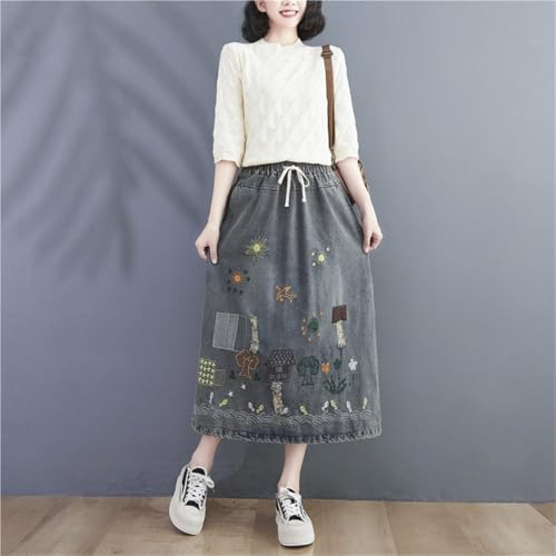 Funny Embroidered Midi Denim Skirt for Women Elastic High Waist Casual Loose A-line Skirts with Side Pockets2