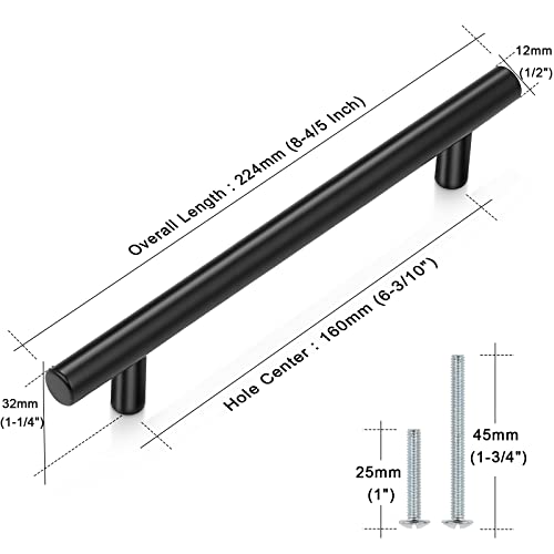 Image of Probrico 10 Pack|Flat Black Cabinet Pulls Modern Stainless Steel Hardware Cupboard Pull Kitchen Cabinet T Bar Handle Bathroom Drawer Pulls - 6-1 /3 inch Hole Centers