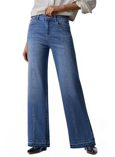 EVALESS High Waisted Jeans for Women 2026 Trendy Fashion Wide Leg Straight Leg Baggy Frayed Raw Hem Tummy Control Boyfriends Stretchy Denim Pants,Beau Blue Size 4