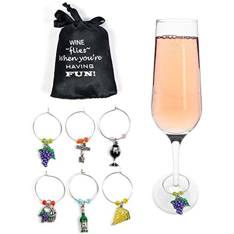 Wine and Grapes Wine Glass Charms, Drink Markers-Charms for Wine Glasses-Set of 6 with Sateen Storage Bag by Cork & Leaf Cover