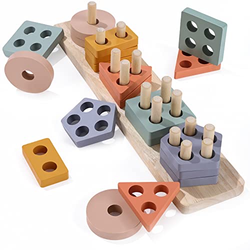 Image of WTUST Montessori Toys for 1 2 3 Years Old Boys Girls,Toddler Learning Educational Wooden Sorting & Stacking Toys,Shape Sorter Color Stacker Toy Preschool Kid Puzzles 1-3, Ideal Christmas for Baby Gift