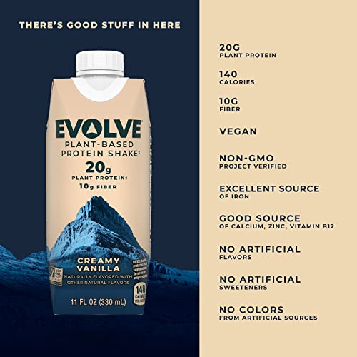 Evolve Plant Based Protein Shake, Vanilla Bean, 20G Vegan Protein, Dairy Free, No Artificial Sweeteners, Non-Gmo, 10G Fiber, 11 Fl Oz, (12 Pack) (Formula May Vary) #TOP3