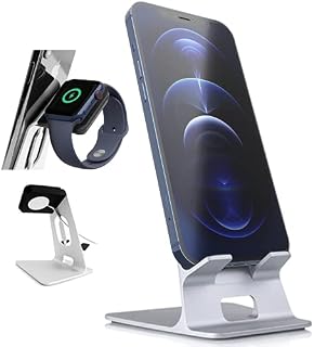 Orzly Duo-Stand Compatible with Apple Watch All Series: (SE, 6,5,4,3,2,1) (38mm & 42mm & 40mm & 44mm)  Aluminium Desk Stand for iPhone & Apple Watch [Silver]