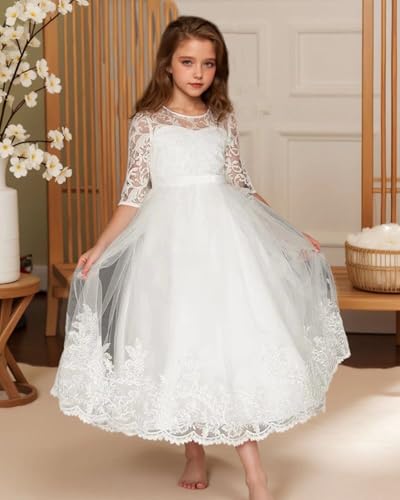 Lace Tulle Flower Girl Dresses for Wedding Long Sleeves First Communion Dress Princess Pageant Ball Gowns with Bow3