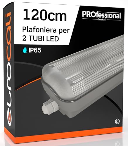 Eurocali Plafoniera 120cm da 2 Tubi LED (non inclusi) Colore Grigio Impermeabile IP65 in ABS/PC con Copertura Trasparente - Sostituzione Neon