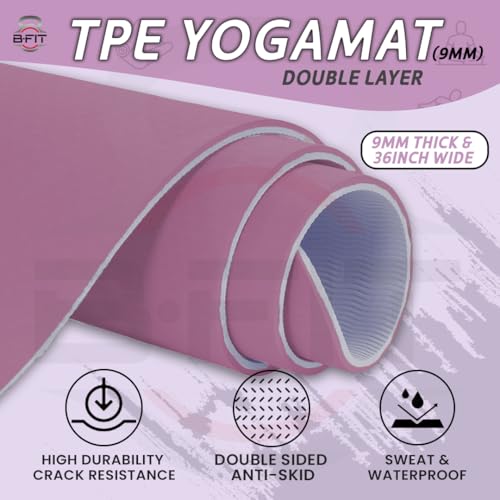 Image of B Fit Extra Wide 36x72 Inchs 9 MM Thick Original TPE Yoga Mat - Free Yoga Bag and Strap Included - With Alignment System, Non-slip, Eco-friendly, sweat-resistant (Dark Purple-Ligt Blue)