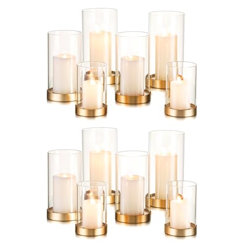 Hewory Hurricane Candle Holder Gold : Lot de 12 photophores en Verre pour Bougies piliers, Lanterne décorative avec Plateau en métal pour Le Salon, la Salle à Manger, la Table Centrale
