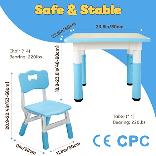Image of FUNLIO Kids Table and 4 Chairs Set, Height Adjustable Toddler Table and Chair Set for Ages 3-8, Easy to Wipe Arts & Crafts Table, for Classrooms /Daycares /Homes, CPC & CE Approved (5-Piece Set) - Blue