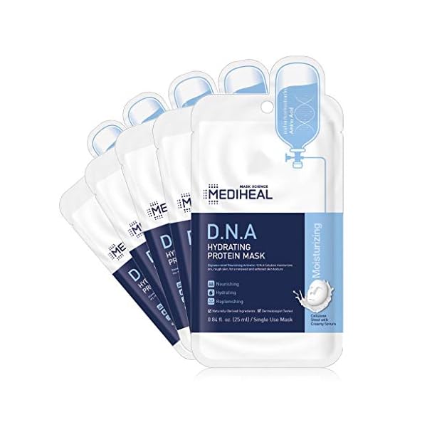 Mediheal Official [Korea's No 1 Sheet Mask] - 5 Pack D.N.A Hydrating Protein Mask/Jojoba Oil & Squalane & Ceramide Contained Skin Nourishing Facial Mask, Bamboo Cellulose Sheet with Creamy Essence