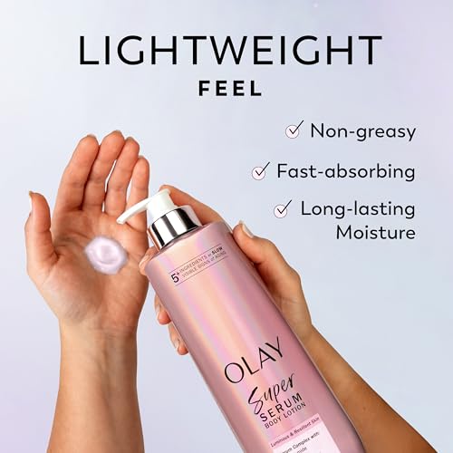Image of Olay Super Serum Hand & Body Lotion for Dry Skin, 24hr Long Lasting Hydration, 5+ Ingredient Complex for Bright Even Firm Luminous Skin, Sweet Vanilla & Soft Wood Scent, 18.5 fl oz