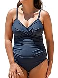CUPSHE Damen Große Größen Badeanzug Wickeloptik V Ausschnitt Raffungen Bauchweg Einteilige Plus Size Bademode Swimsuit Marineblau L