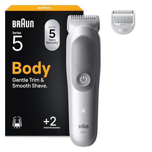 Braun Bodygroomer Series 5, Elektrischer Körperrasierer Herren mit 2 Zubehörteile, Kabelloser Trimmer für Intimbereich und Körper, 100 Min Akku, Wasserdichter Körperhaartrimmer, BG5500, Grau