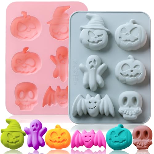 OURASHERO 2 Pack Halloween Silicone Cake Mold Pumpkin Bat Skull Ghost Shape Silicone Mold for Chocolate Candy Gummy Jello Ice Cube Crayon Melt Biscuits Soap Silicone Baking Mold Making Kit