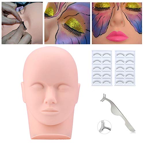 Practice Training Head with 10 Pairs Practice Eyelash Strips, Beauty Star Makeup Cosmetology Mannequin Doll Head, Eyelashes Extension Face Makeup Massage Practice, Stainless Steel Lash Tweezers