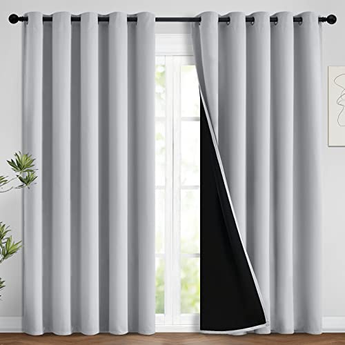 Image of Yakamok 100% Blackout Lined Panels, Room Darkening Thermal Insulated Blackout Curtains for Bedroom, Heat Blocking Drapes for Living Room(62Wx84L, Light Grey, 2 Panels)