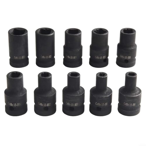 Juego de llaves de vaso cuadradas, 10 piezas de 1/2 pulgadas, para destornilladores eléctricos y llaves de carraca, M6-M24, acero al cromo vanadio, juego de roscas