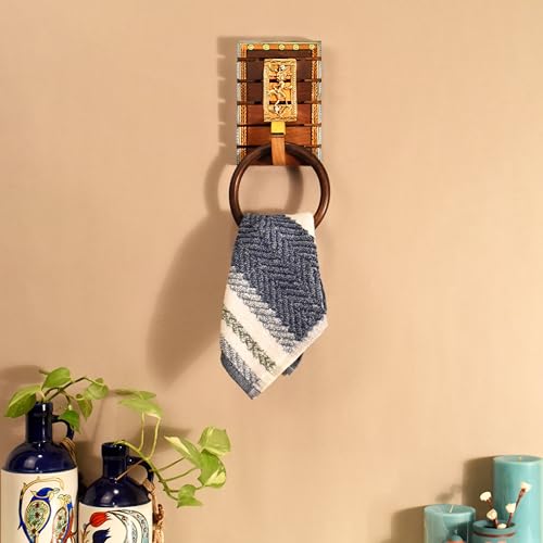 Image of Aakriti Art Creations Dhokra Art Wooden Towel Holder | Handcrafted Bathroom Towel Hanger with Tribal Metal Art | Matte Finish Brown Wall Mounted Towel Ring for Bath & Wash Area