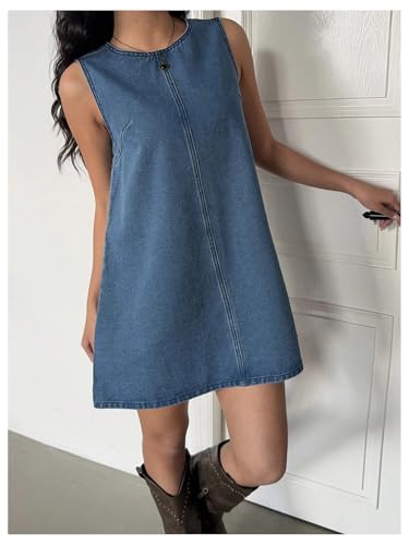 Milumia Women's Bow Tie Back Denim Sundress Crew Neck Sleeveless Flared Short Dresses2