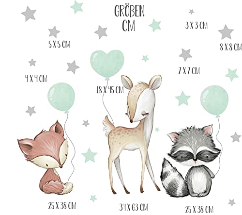 Pandawal Wall Tattoo Forest Animals with Balloon Stars Animals Wall Sticker Nursery Decoration Murals Baby Deer Fox Raccoon Mint - Image 3