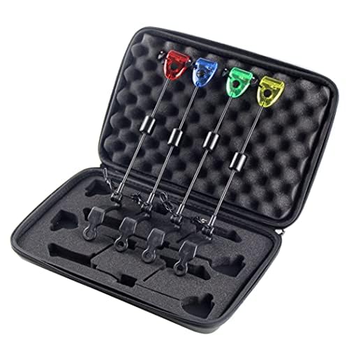 Lot de 4 détecteurs de morsure de carpe avec lumière LED - Détecteur de swing lumineux - 32 cm - Avec boîte de transport - Indicateurs de touche pour la pêche à la carpe