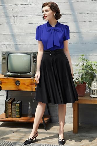 Image of Belle Poque Summer Short Sleeve Office Button Down Blouse Stripe Shirt Tops with Bow Tie BP573