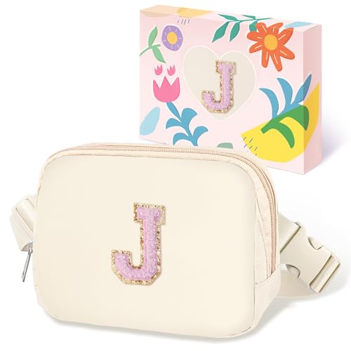 Image of COSHAYSOO Valentines Birthday Initial Gifts for Women Teen Girls 5 6 7 8 9 10 11 12 13 14 Year Old Ivory Fanny Pack for Girls Belt Bag Crossbody Travel Purse Unique Trendy Cute Stuff Chenille Letter J