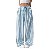 Pantalones Palazzo Fluidos para Mujer: A Rayas, Holgados, De Cintura Elástica Y Estampado De Cuadros Vichy; Pantalones De Vestir Casuales De Pierna Ancha, Ideales para El Trabajo (Navy,S)