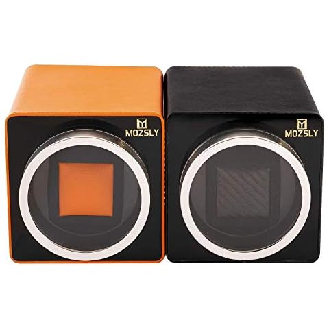 MOZSLY Leather Watch Winder with 12 Rotation Mode Setting for Automatic Watches Orange and Black Cover