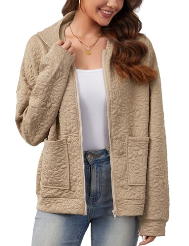 Misyula Style Hoodie for Women Trendy, Casual Long Sleeve Hooded Sweatshirt Tops with Pockets Solid Color Floral Jacquard Lightweight Jackets Ladies Women Fall Clothes,Khaki,L