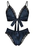 iEFiEL Herren Sissy Unterwäsche Spitzen Dessous Erotik Männer BH Satin Top +Slips String Tanga Crossdresser Cosplay Bikini Set Dunkel Blau XXL