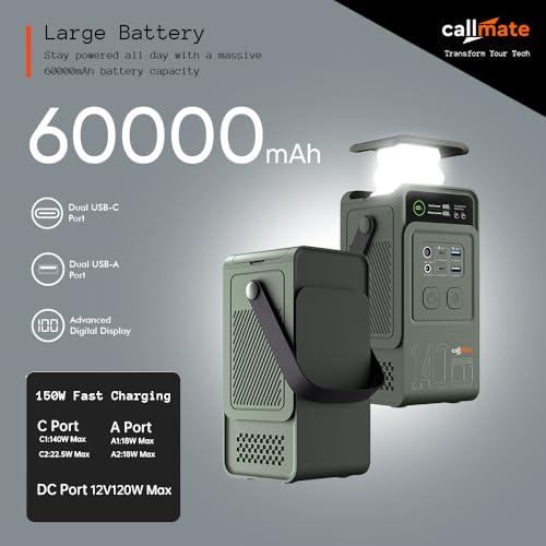 Image of Treasury Pro 140W Fast Charging Power Bank 60000mAh, Dual USB-C & USB-A Output (150W DC Input & 120W DC Output) Telescopic LED Light with with Advance Digital Display (Green, 140W)