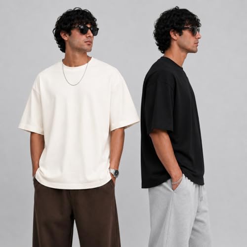 Image of Oversized T Shirt for Men Combo Pack of 2 & 3 | Heavyweight Cotton T Shirt | Drop Shoulder Baggy Loose Fit Round Neck Casual Streetwear Oversized Tshirt