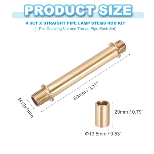 Image of PATIKIL Straight Pipe Lamp Stems Rod Kit, 4 Set M10 Carbon Steel 80mm(3.15 inch) Long Double End Thread Rod with Coupling Nuts Sleeve Connector for Table Lamps Chandeliers,Gold