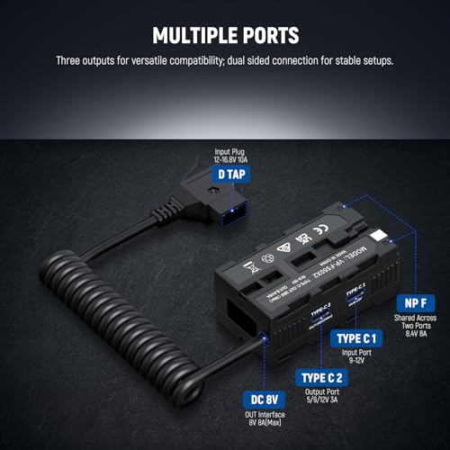 Image of NEEWER Dual Sided Dummy Battery Adapter with Display, Coiled D Tap to USB C Splitter Charger Compatible with Atomos Ninja Shinobi Monitors DJI SDR Video Transmitter Sony NP-F970 /750 /550, VP-F550X2