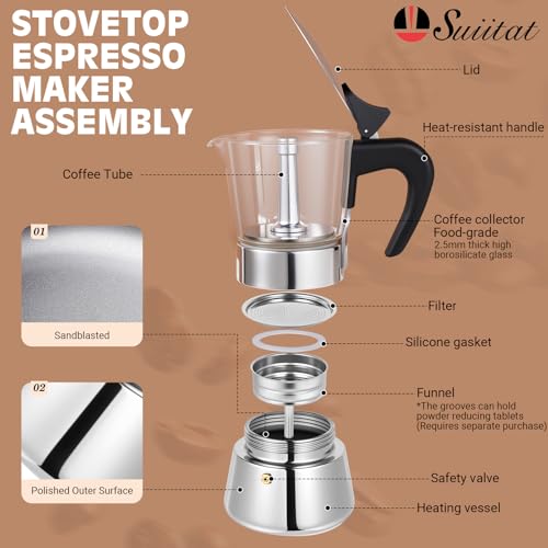 Image of Induction Moka Pot, 4 Cups (7.1 oz) Crystal Glass-Top & Stainless Steel Moka Pot, Classic Stovetop Espresso Maker, Silver