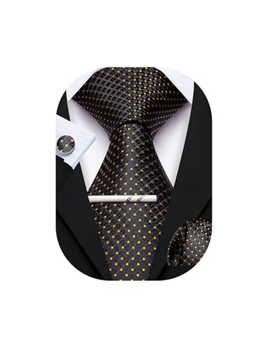YOHOWA Black Gold Tie for Men with Tie Clip Plaid Silk Necktie Pocket Square Cufflinks Set Formal Business Festival Party