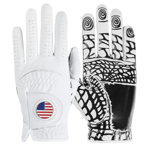 FINGER TEN Men’s Golf Gloves Rain Grip with Silicone Palm Value 2 Pack, Glove with Ball Marker for Right/Left Handed Golfer, Anti-Slip Stylish All Weather Fit (Milkly White, Large, Left)