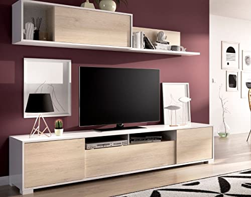 CAESAROO Parete attrezzata porta Tv 200 cm Madison Bianco lucido e Rovere Naturale - Bianco e Naturale