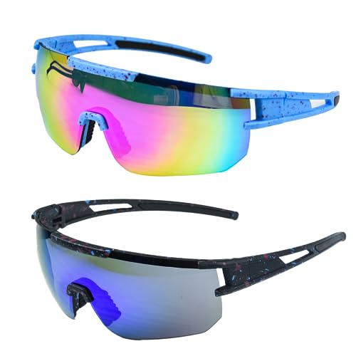 Teaque Sport Fahrradbrille Sonnenbrille, Bunte Fahrrad Brille Anti-UV, Rennrad Brille, Herren Damen Sportbrille UV Schutz für Outdoorsport Radfahren Fahren Laufen Ski Golf Baseball.（2pack）