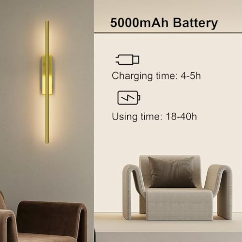 Image of Battery Operated Wall Sconces with Remote Control, 5W 5000mAh Dimmable Wireless Wall Sconces Set of 2, Rechargeable Wall lights Indoor for Living Room Bedroom Hallway, 25.2inch, 2 Pack,Gold