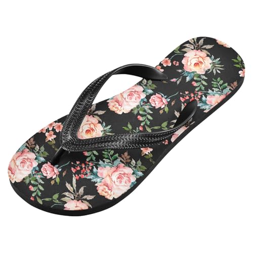 Sinestour Maple Leaf Sketch Orange Rose Blossom Leaves Black Flip Flops for Beach Thong Sandals Anti-slip Lightweight Beach Slippers for House Indoor Outdoor2