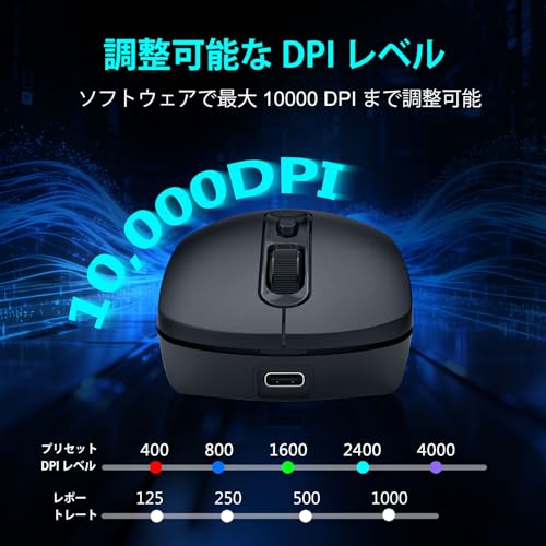 e元素 トリプルモードゲーミングマウス 10000DPI・RGB バックライト・充電式 2.4G/Bluetooth/USB-C 有線・6 プログラムボタン・人間工学設計 プロゲーマー/PC・PS・Xbox ユーザー向け ブラック