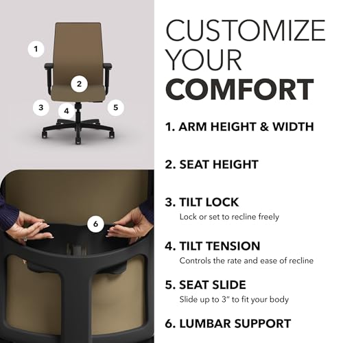 Image of HON Ignition 2.0 Mid‑Back Ergonomic Office Chair, Mesh Task Desk Chair with Lumbar Support, Standard Synchro‑Tilt, Height and Width Adjustable Arms, Black Frame, Quicksand